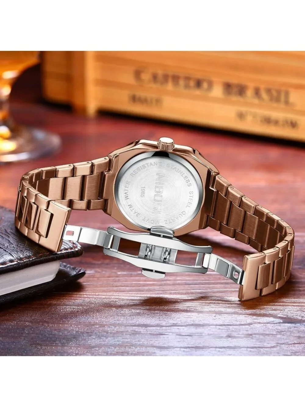Nibosi Men's Rose Blue Analog Quartz Stainless Steel Waterproof Square Watch